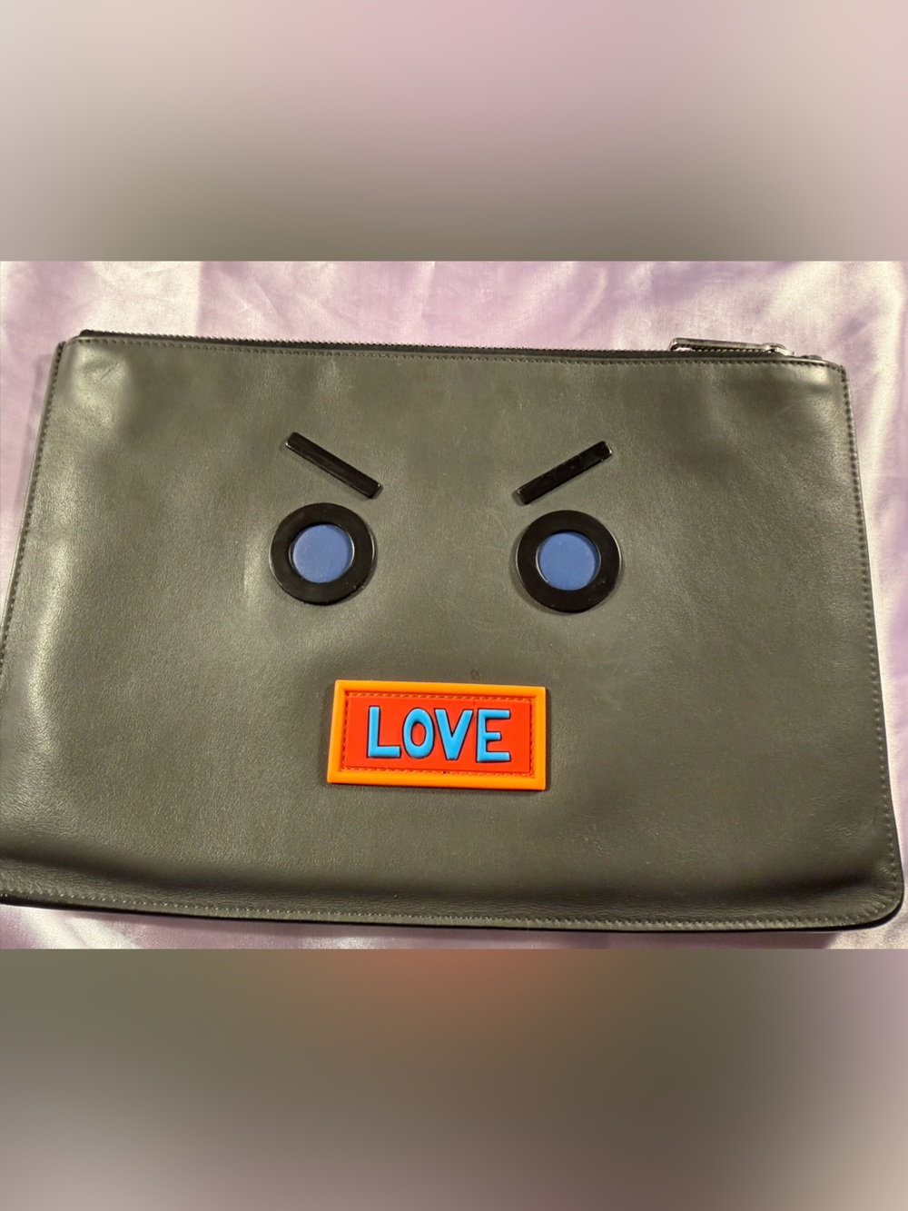 Fendi Black Leather Clutch with Orange and Blue 'LOVE' Patch